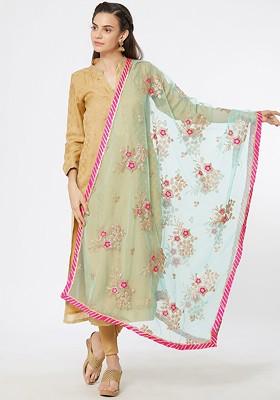 Women Sea Green And Pink Embroidered Dupatta