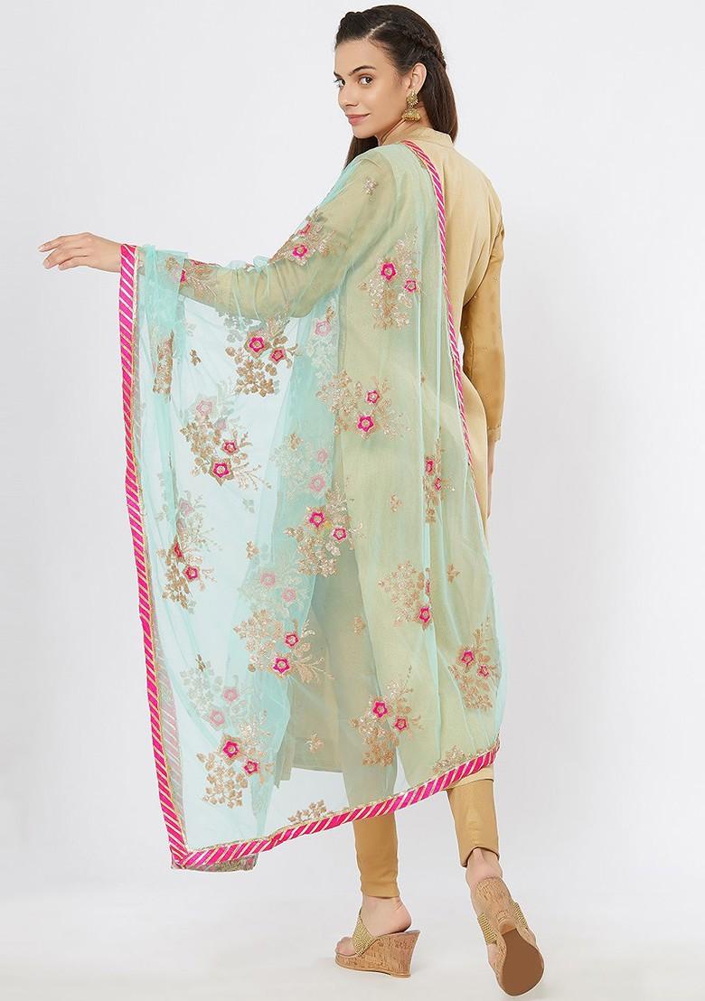 Women Sea Green And Pink Embroidered Dupatta