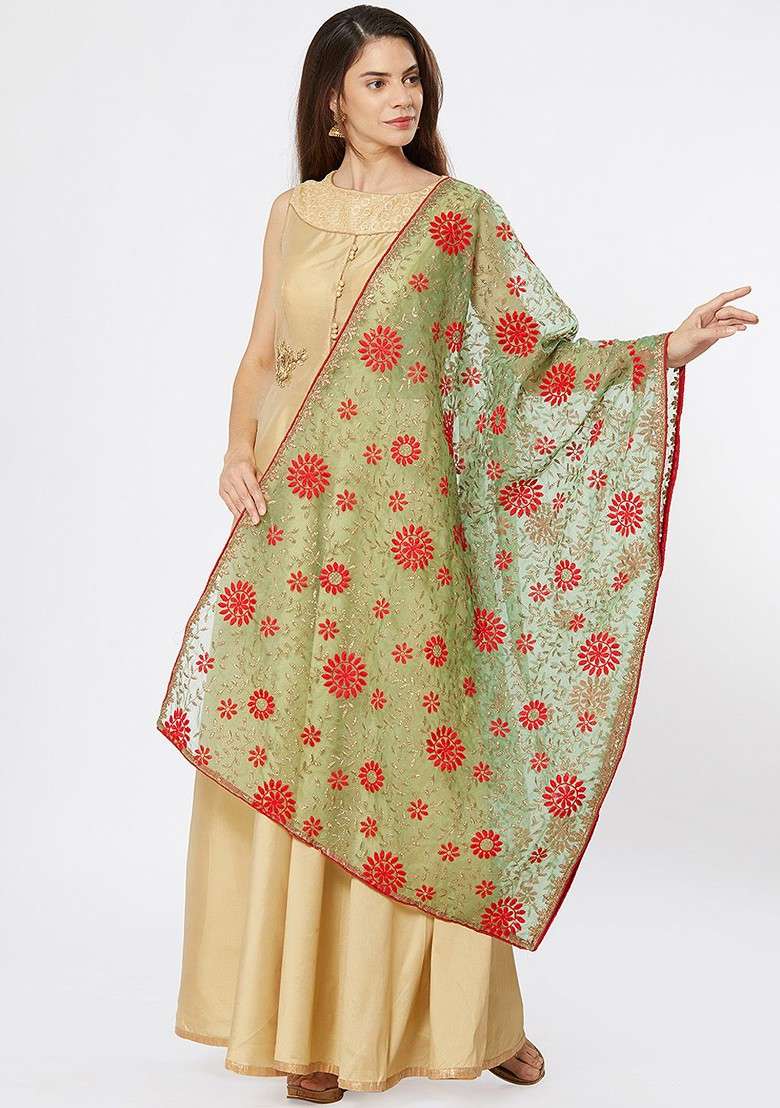 Women Sea Green And Red Embroidered Dupatta - Indya