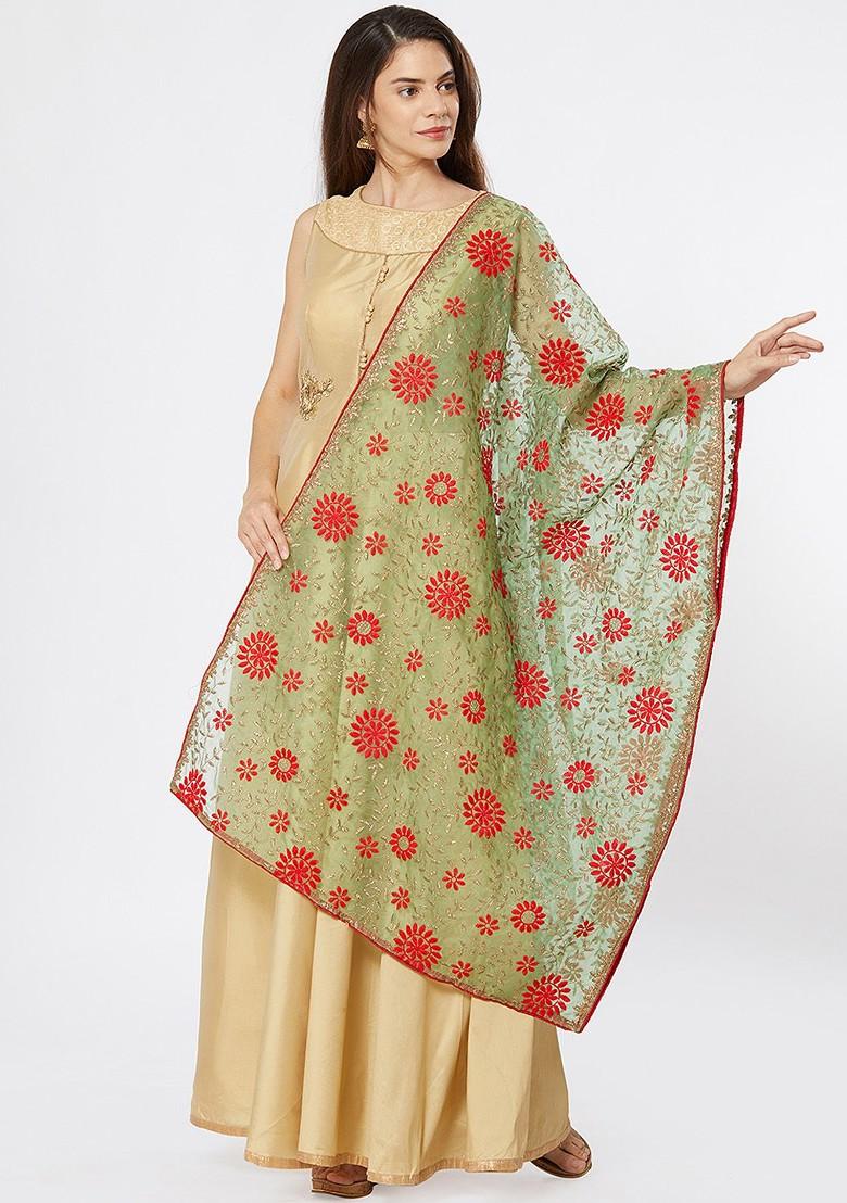 Women Sea Green And Red Embroidered Dupatta