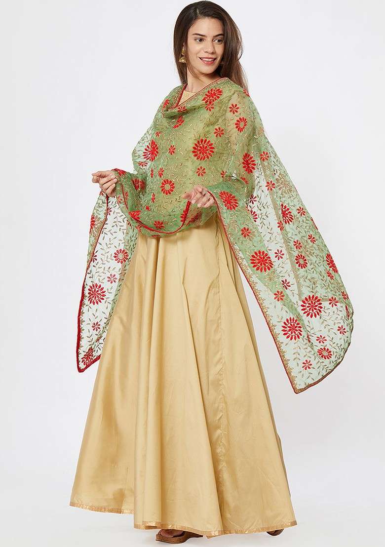 Women Sea Green And Red Embroidered Dupatta - Indya
