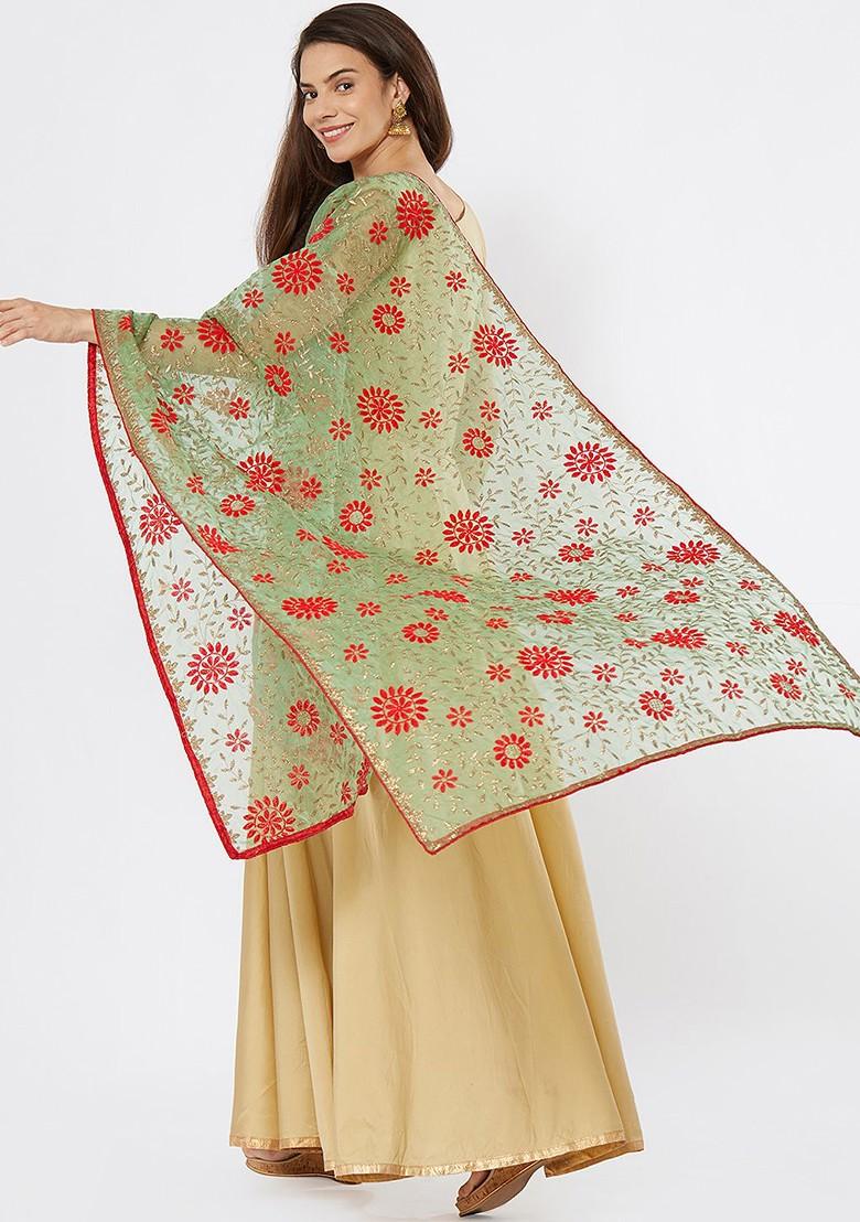 Women Sea Green And Red Embroidered Dupatta
