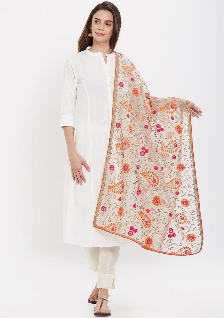 Women Orange Embroidered Dupatta