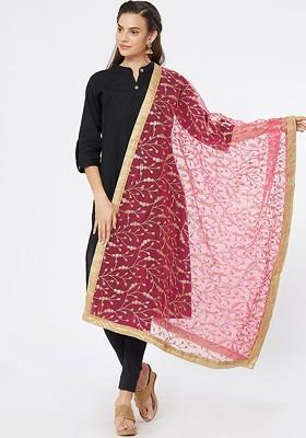 Women Pink And Gold Toned Embroidered Dupatta
