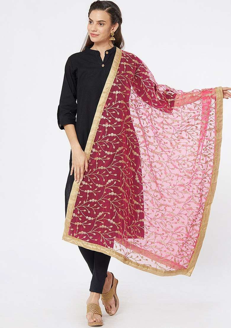 Women Pink And Gold Toned Embroidered Dupatta - Indya
