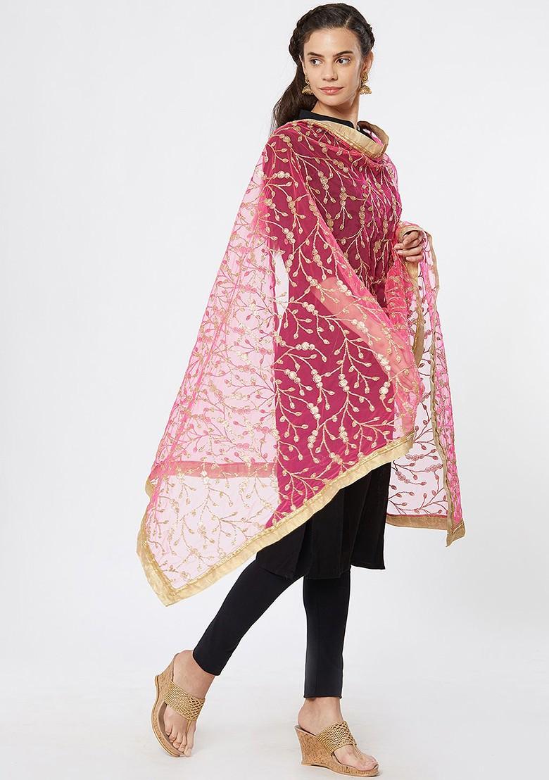 Women Pink And Gold Toned Embroidered Dupatta