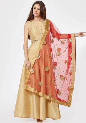 Women Red And Gold Toned Embroidered Dupatta
