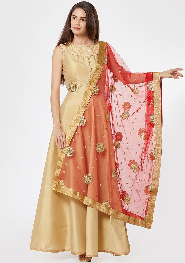 Women Red And Gold Toned Embroidered Dupatta