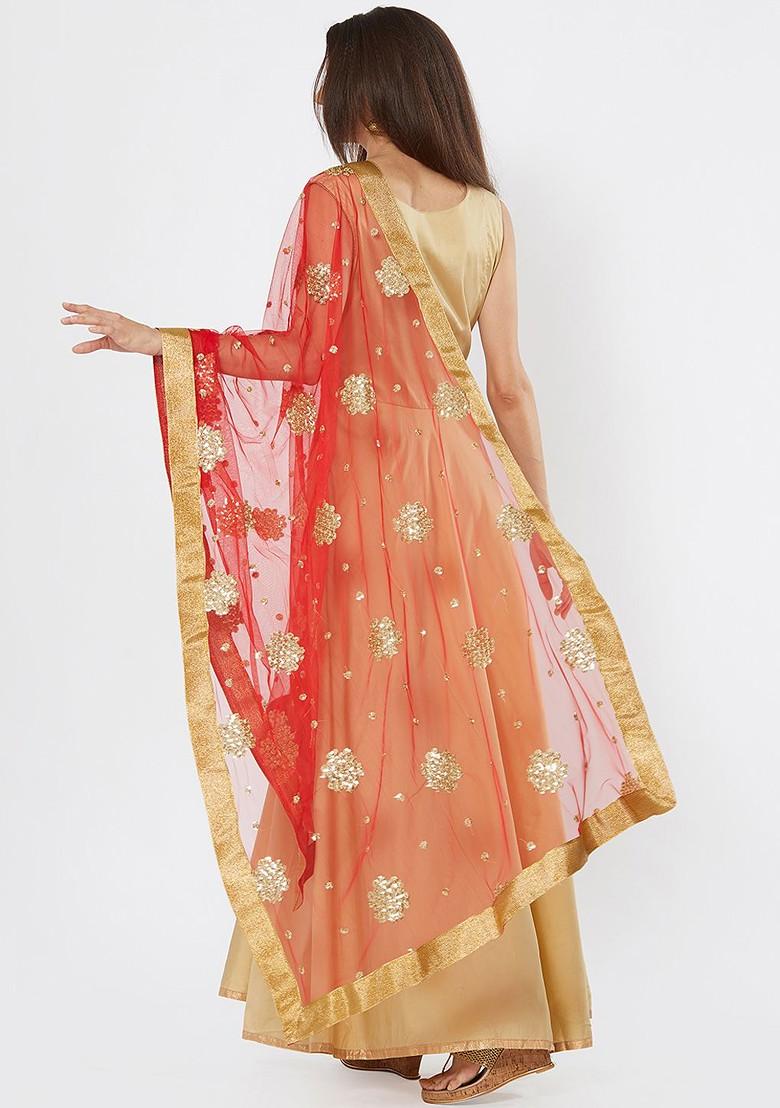 Women Red And Gold Toned Embroidered Dupatta