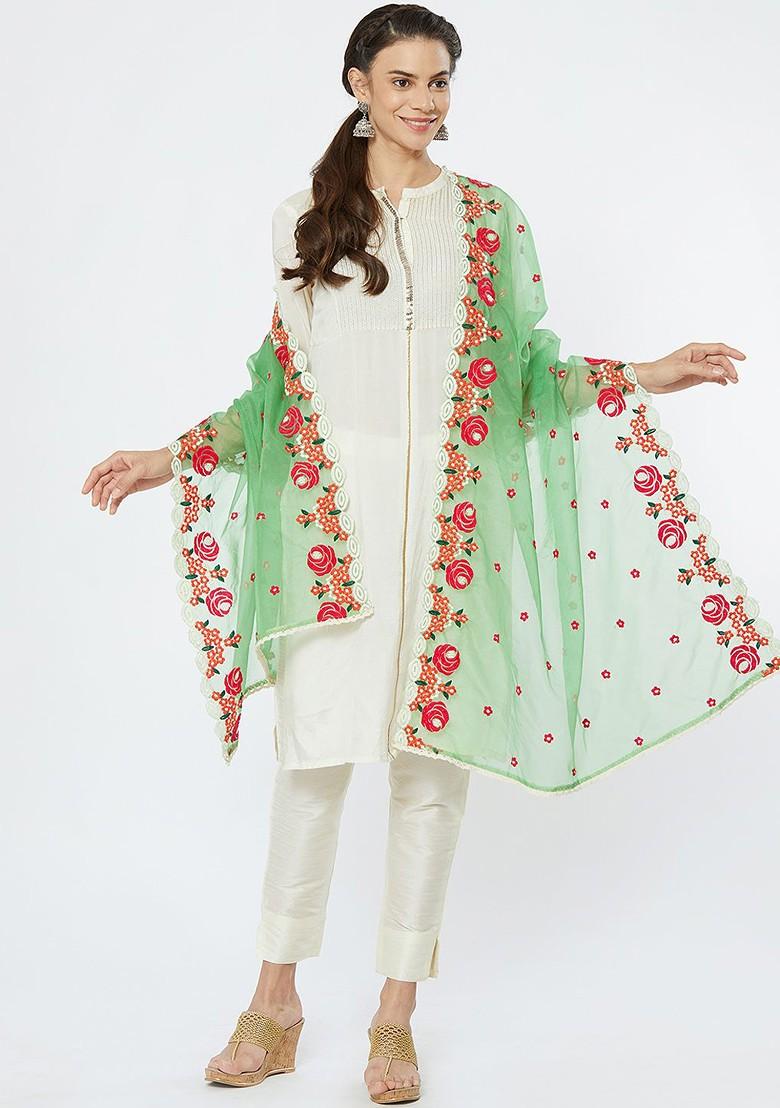 Women Sea Green Embroidered Dupatta