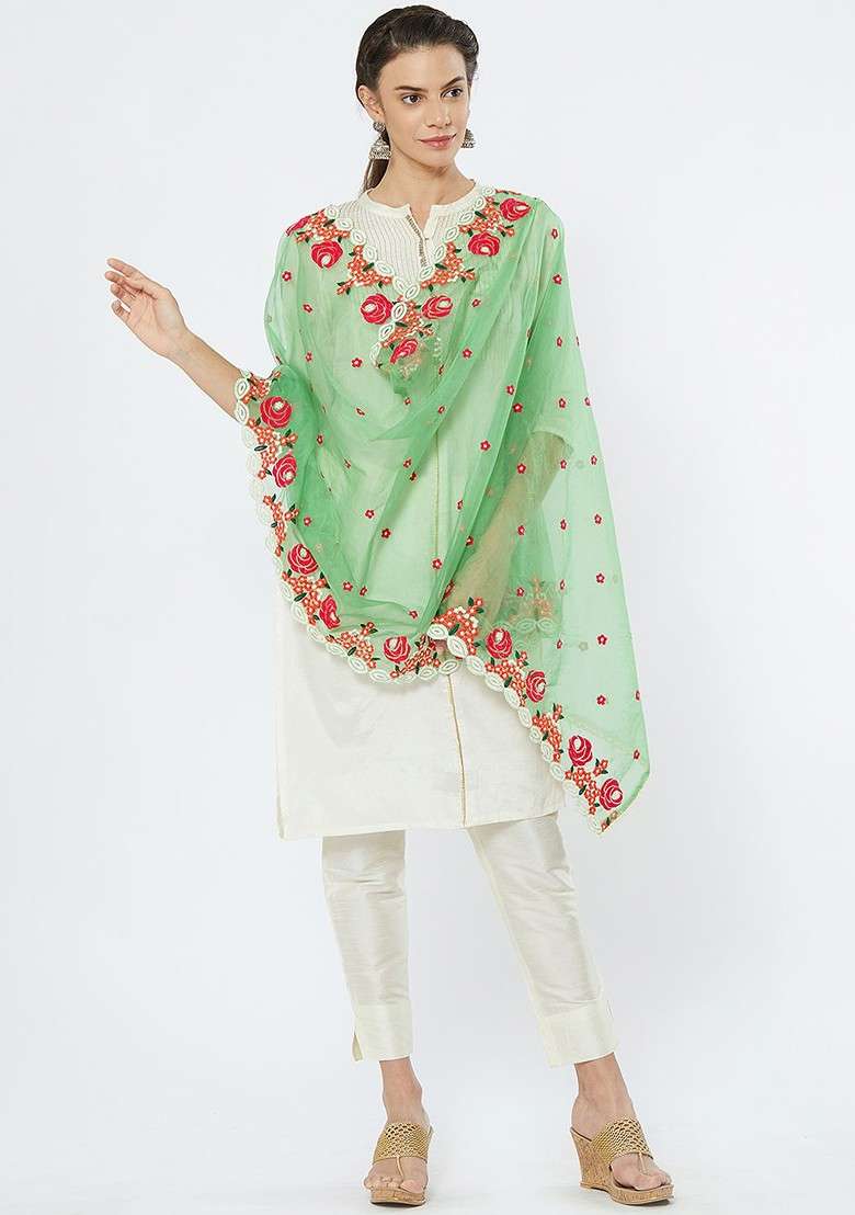 Women Sea Green Embroidered Dupatta - Indya