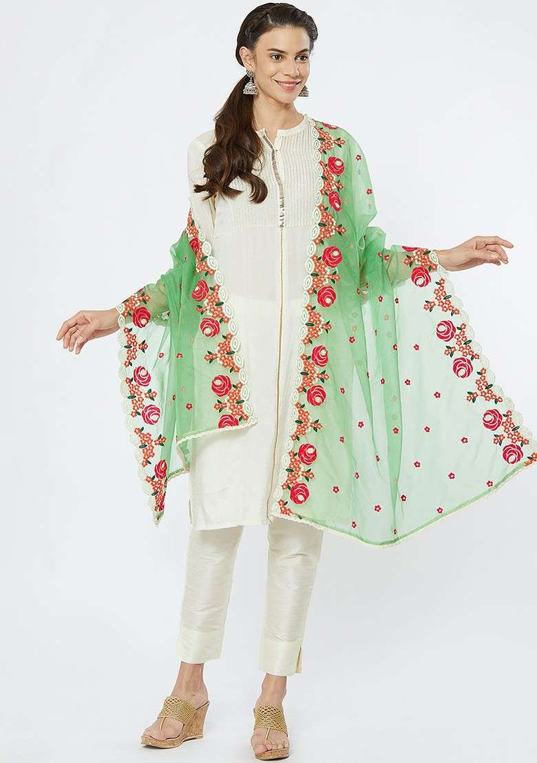 Women Sea Green Embroidered Dupatta - Indya