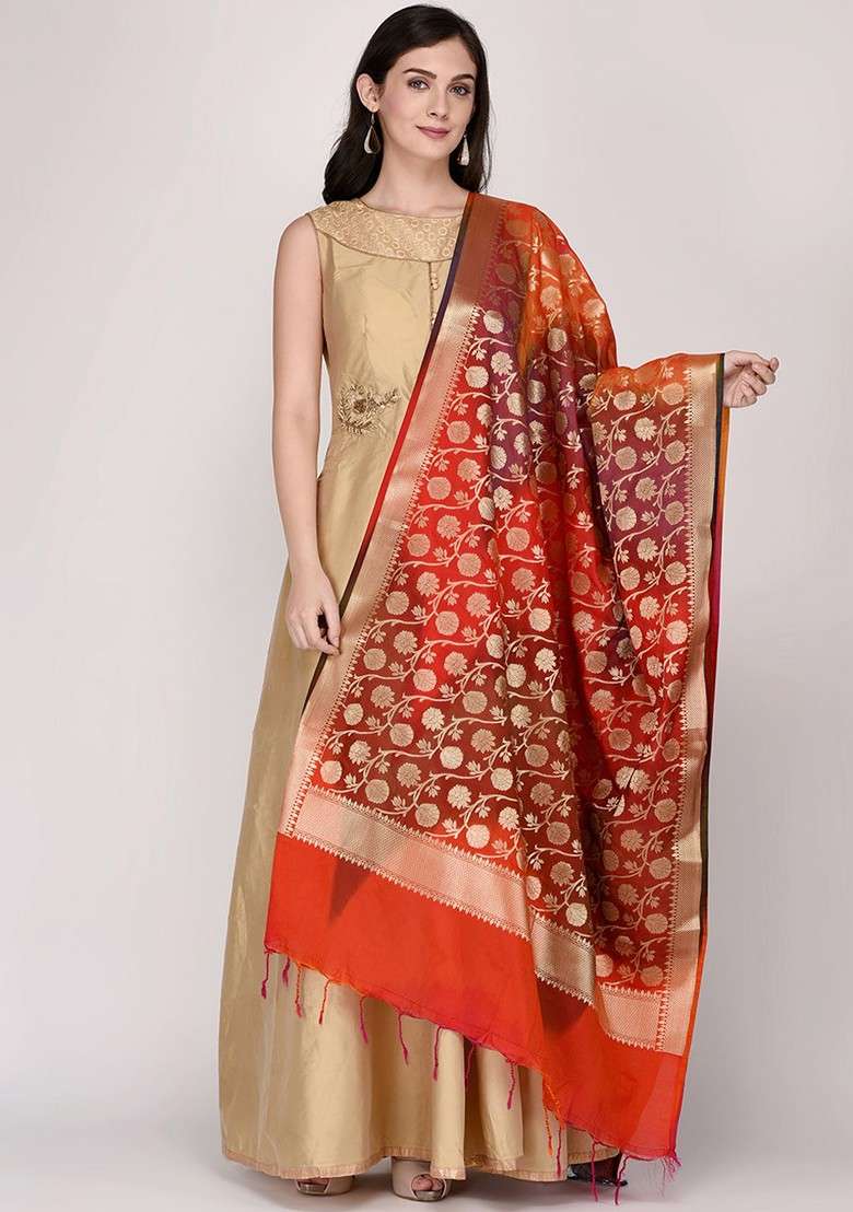 Red And Gold Toned Woven Design Dupatta - Indya