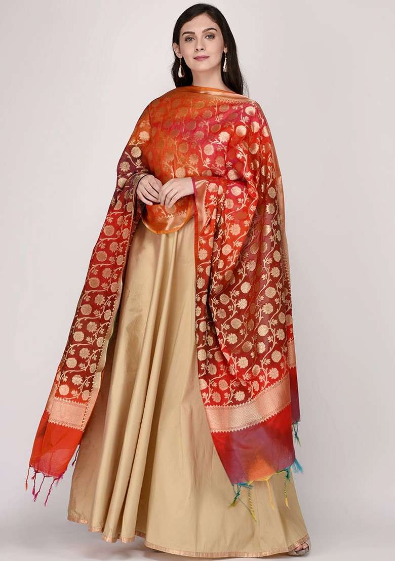 Red And Gold Toned Woven Design Dupatta - Indya