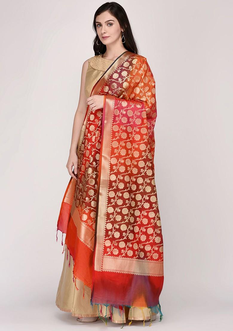 Red And Gold Toned Woven Design Dupatta