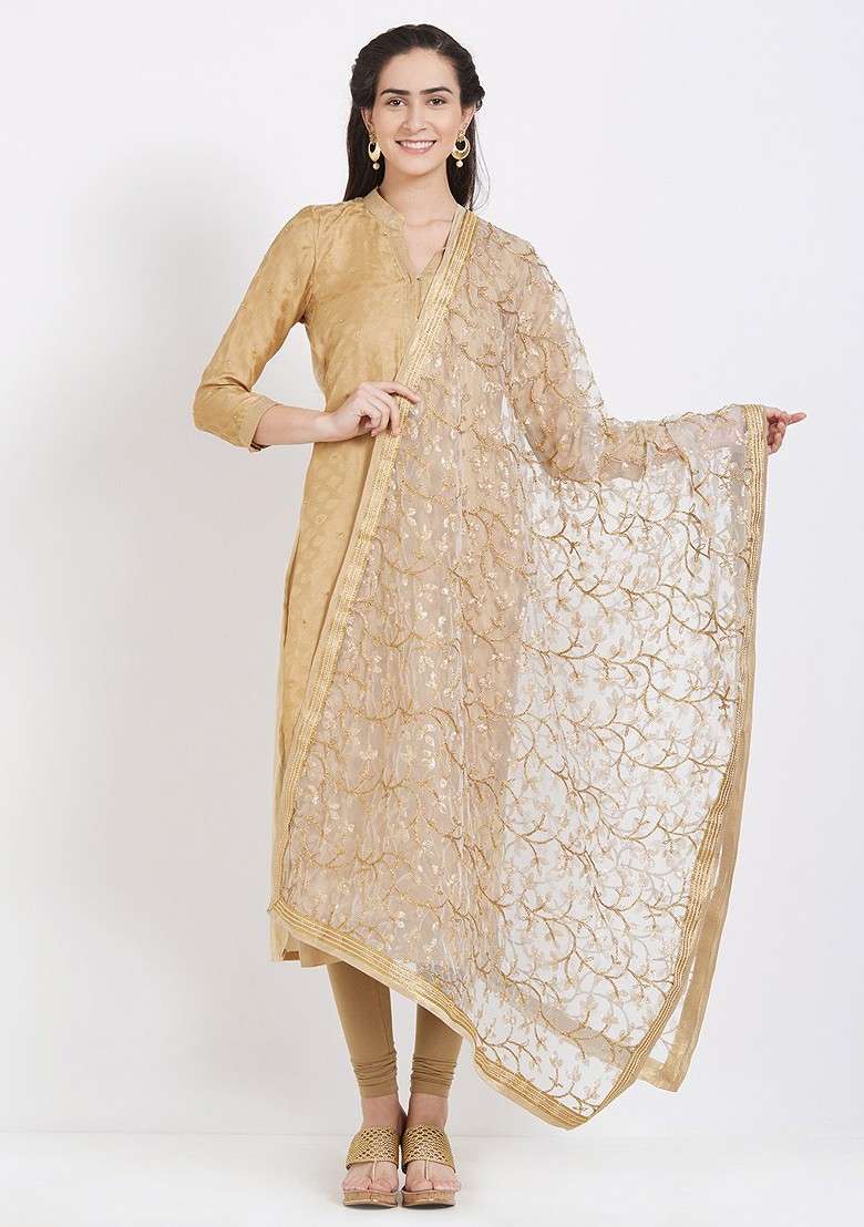 White And Gold Toned Embroidered Dupatta - Indya