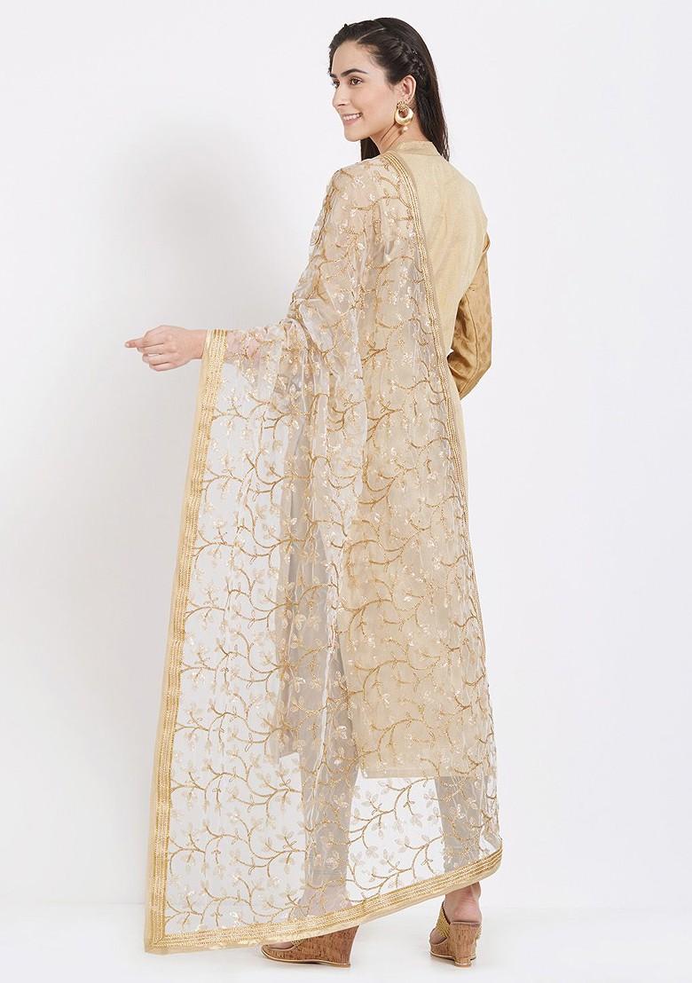 White And Gold Toned Embroidered Dupatta