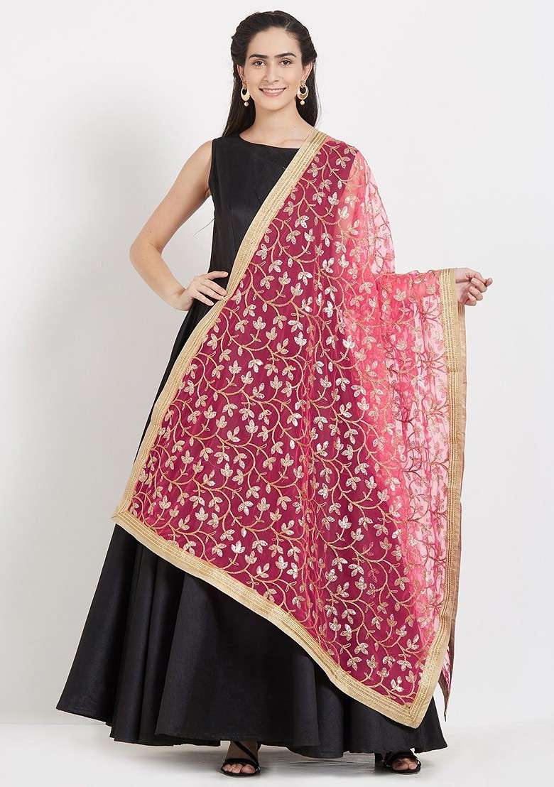 Peach Coloured And Gold Toned Embroidered Dupatta - Indya