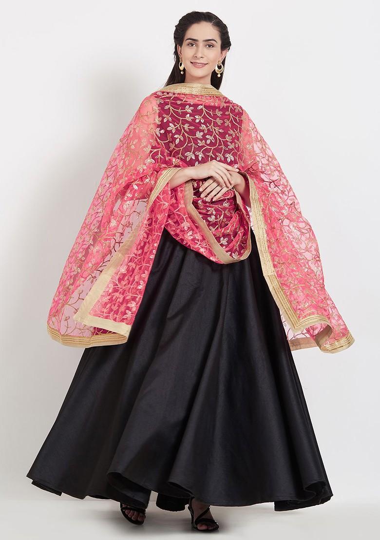 Peach Coloured And Gold Toned Embroidered Dupatta