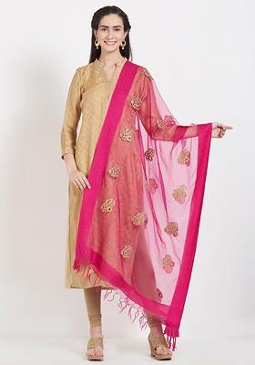 Pink And Gold Toned Embroidered Dupatta
