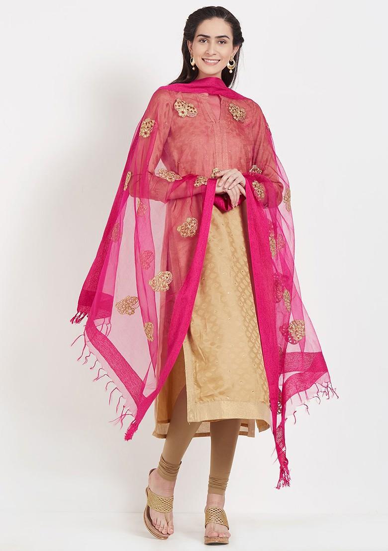 Pink And Gold Toned Embroidered Dupatta