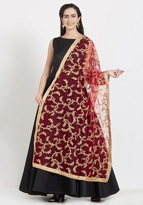Red And Gold Toned Embroidered Dupatta