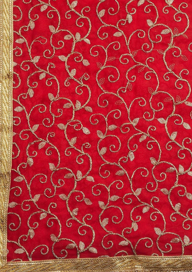 Red And Gold Toned Embroidered Dupatta
