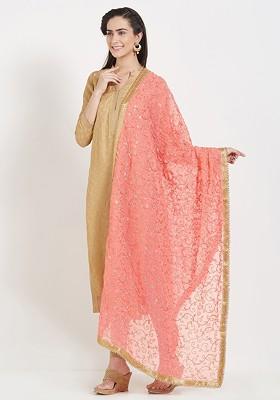 Peach Coloured And Gold Toned Embroidered Dupatta