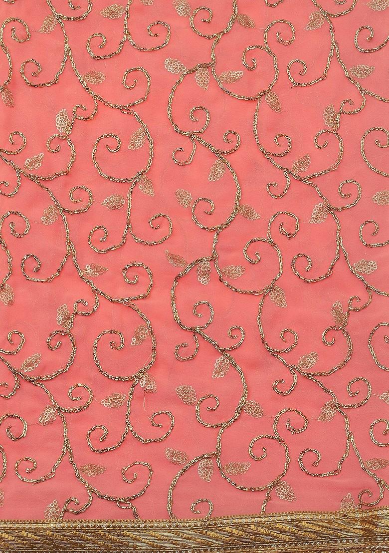 Peach Coloured And Gold Toned Embroidered Dupatta