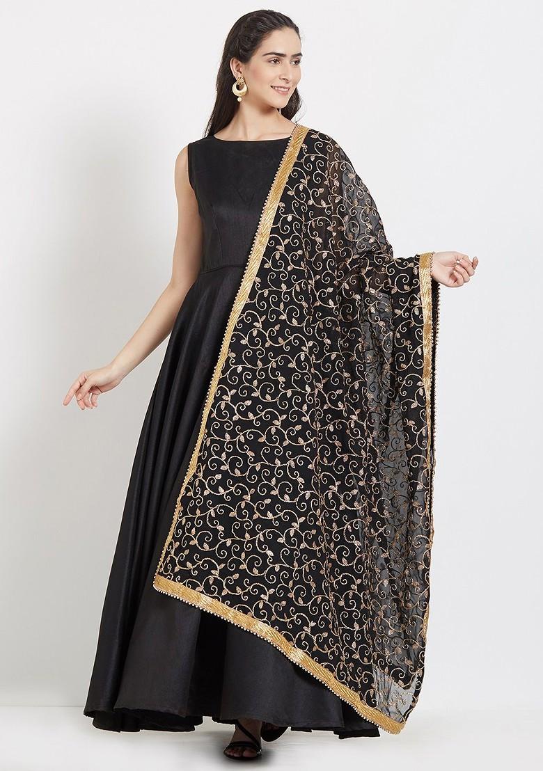 Black And Gold Toned Embroidered Dupatta