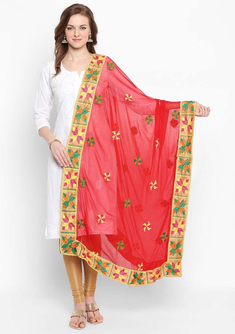Red Embroidered Dupatta - Indya