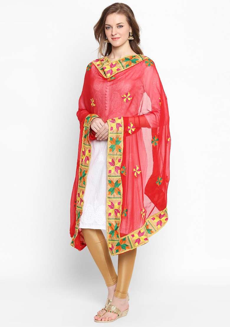 Red Embroidered Dupatta - Indya