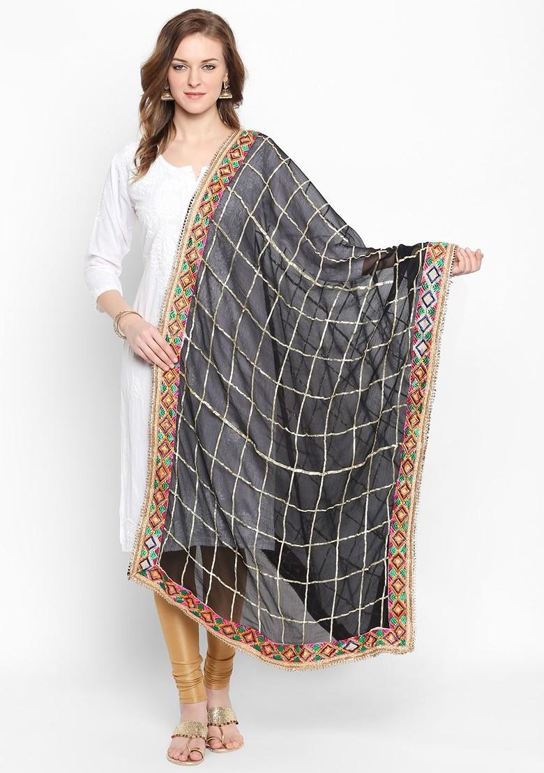 Black And Gold Toned Checked Dupatta
