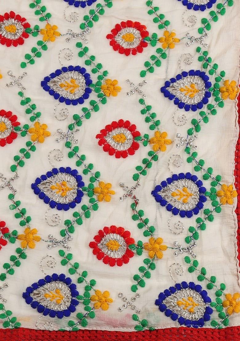 White And Red Embroidered Phulkari Dupatta