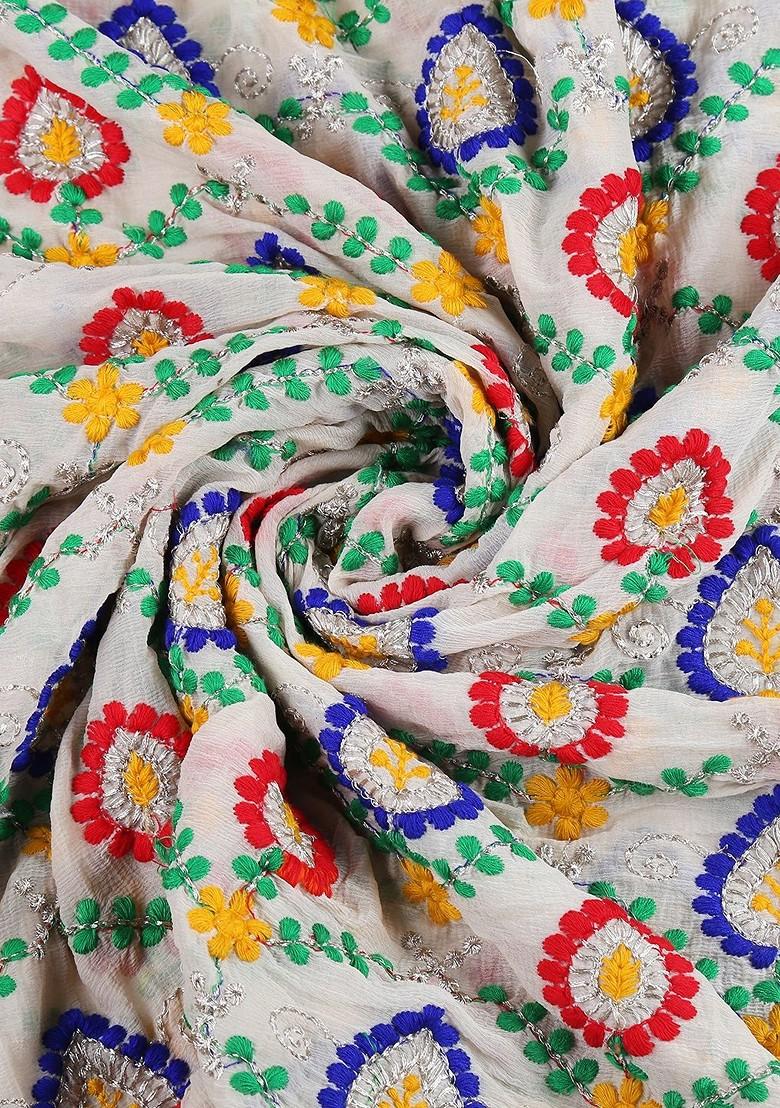 White And Red Embroidered Phulkari Dupatta