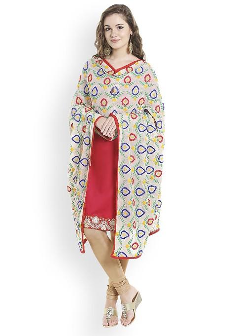 White And Red Embroidered Phulkari Dupatta