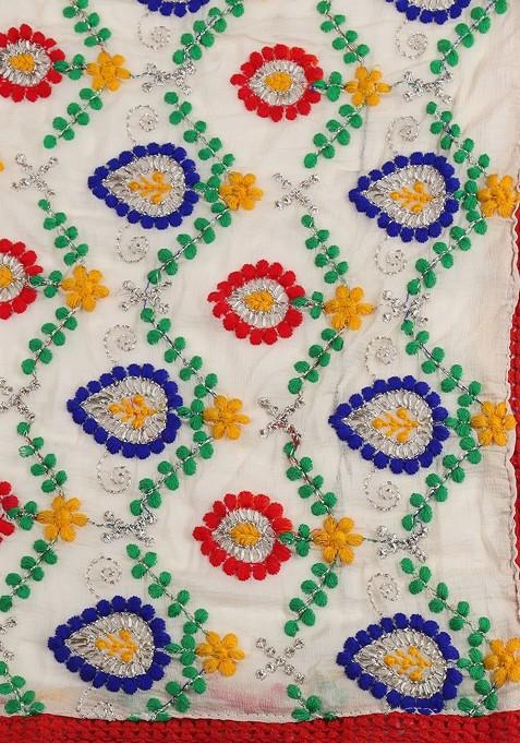 White And Red Embroidered Phulkari Dupatta