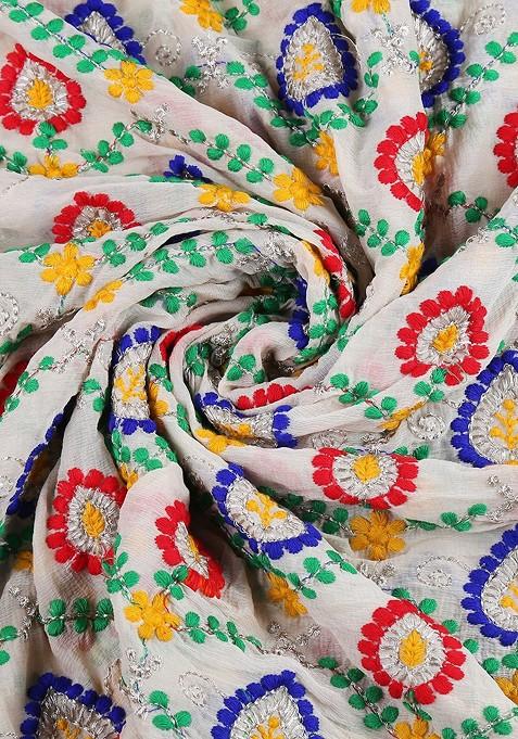 White And Red Embroidered Phulkari Dupatta