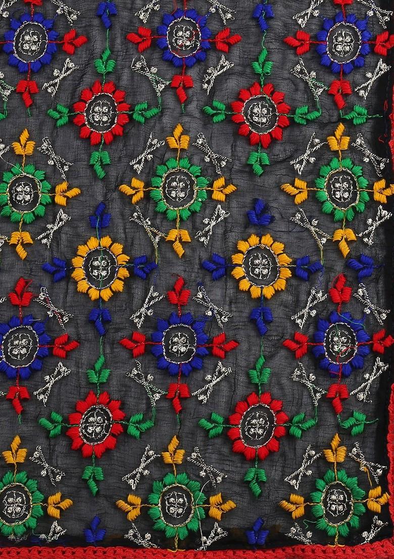 Black And Red Embroidered Dupatta With Phulkari