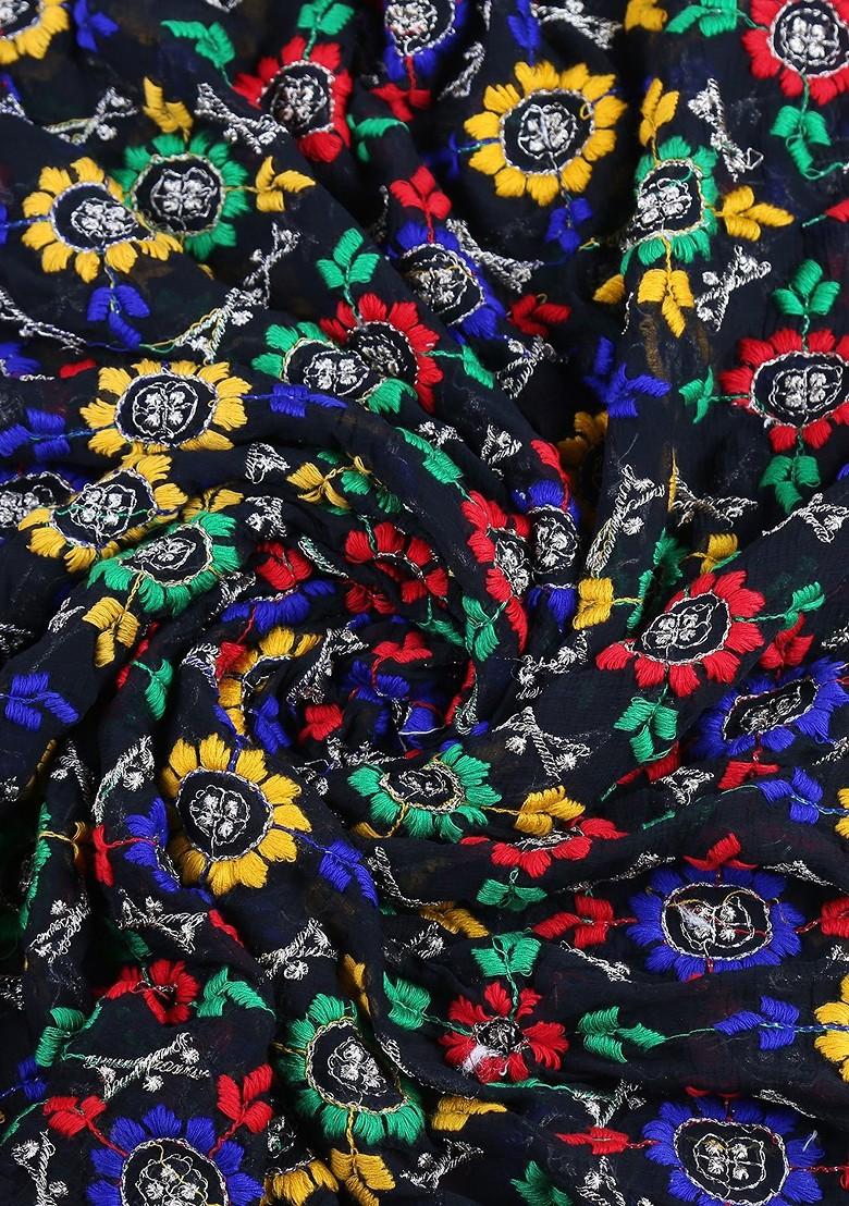 Black And Red Embroidered Dupatta With Phulkari