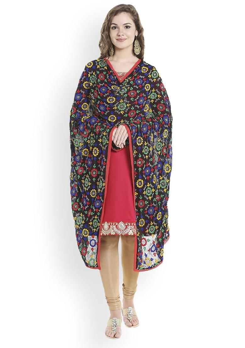 Black And Red Embroidered Dupatta With Phulkari