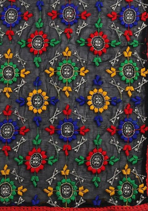 Black And Red Embroidered Dupatta With Phulkari