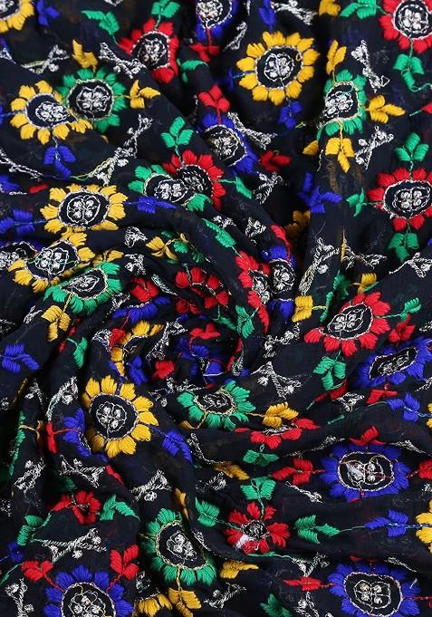 Black And Red Embroidered Dupatta With Phulkari