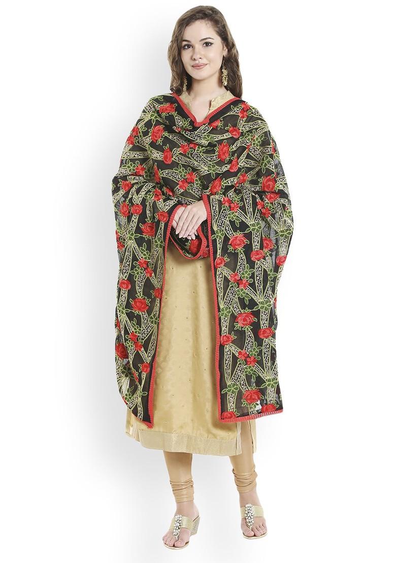 Black And Red Embroidered Dupatta
