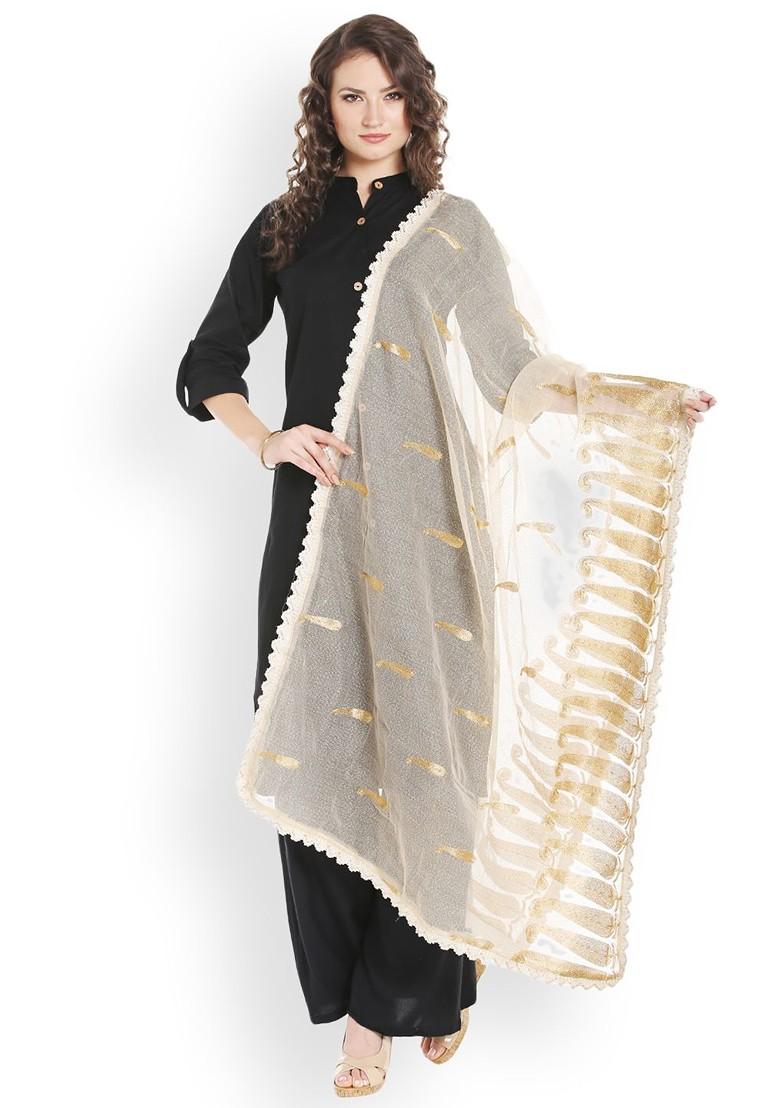 Beige And Gold Toned Zari Embroidered Dupatta