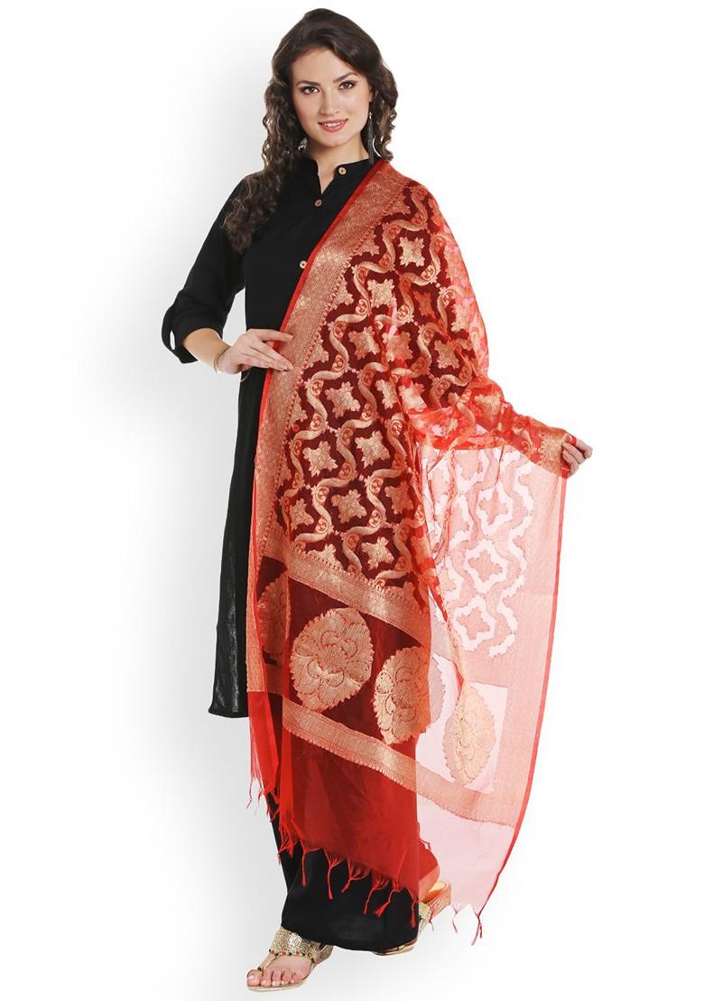 Gold Toned And Red Dupatta With Woven Design