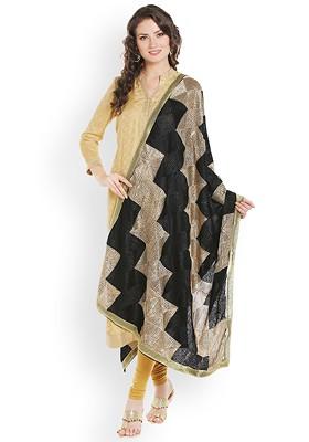 Black And Gold Toned Phulkari Hand Embroidered Dupatta