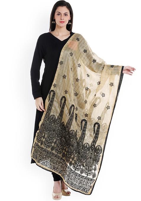 Beige And Black Embroidered Dupatta