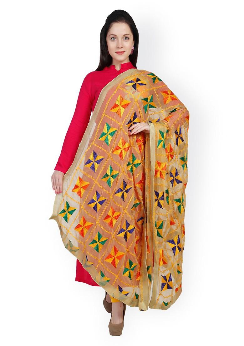 Beige Phulkari Embroidered Dupatta