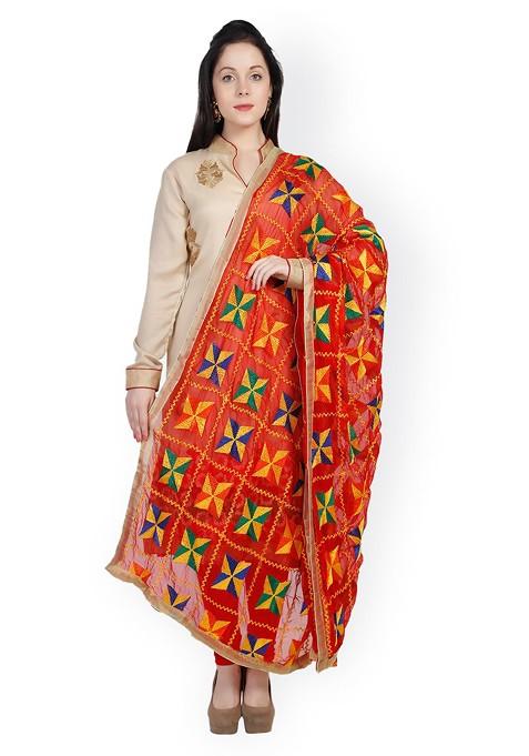 Red Phulkari Embroidered Dupatta